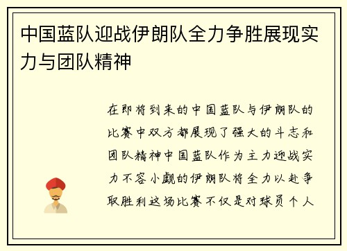 中国蓝队迎战伊朗队全力争胜展现实力与团队精神